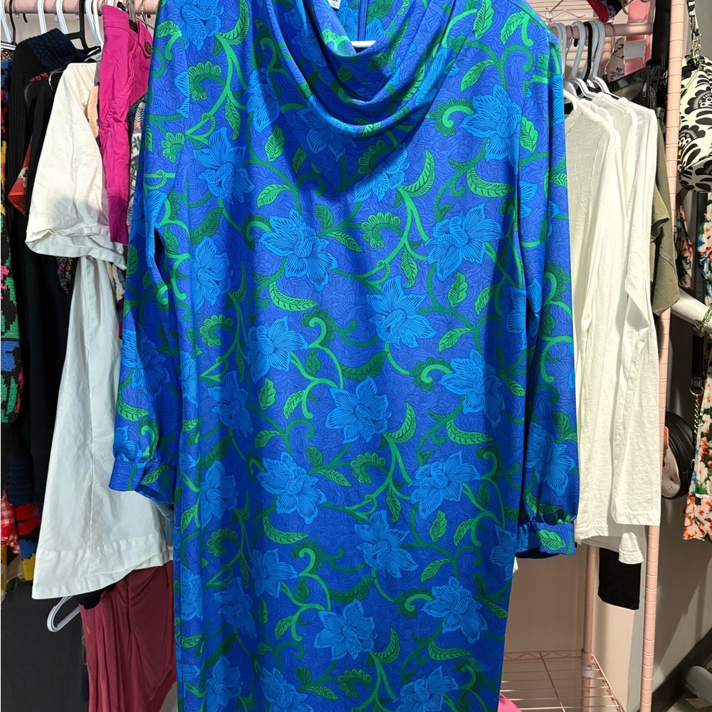 Like New Gay Boyer Vibrant Blue and Green Floral Long Sleeve Dress